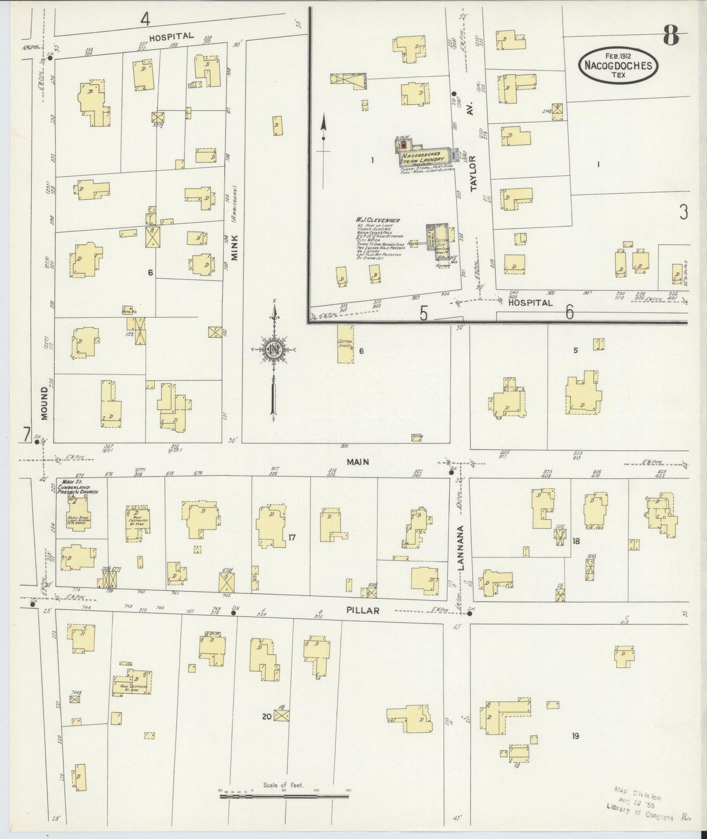 Sanborn Fire Insurance Map from Nacogdoches, Nacogdoches County, Texas (1912), Sheet #0008 - Historic Sanborn Fire Insurance Map Print, vintage old map wall art, antique decor, genealogy gift, Texas Texas map