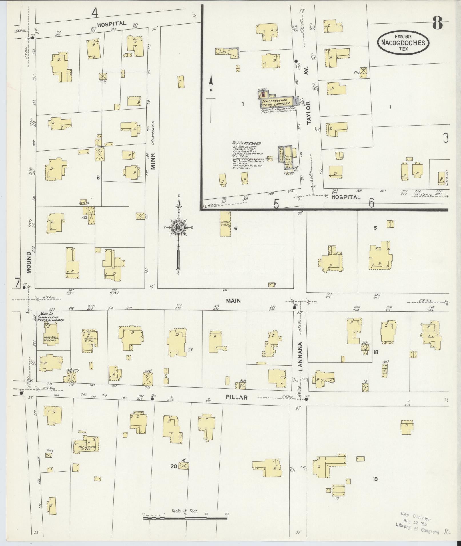 Sanborn Fire Insurance Map from Nacogdoches, Nacogdoches County, Texas (1912), Sheet #0008 - Historic Sanborn Fire Insurance Map Print, vintage old map wall art, antique decor, genealogy gift, Texas Texas map