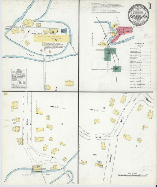 Sanborn Fire Insurance Map from Philadelphia, Jefferson County, New York (1909), Sheet #0001 - Historic Sanborn Fire Insurance Map Print, vintage old map wall art, antique decor, genealogy gift, New York New York map