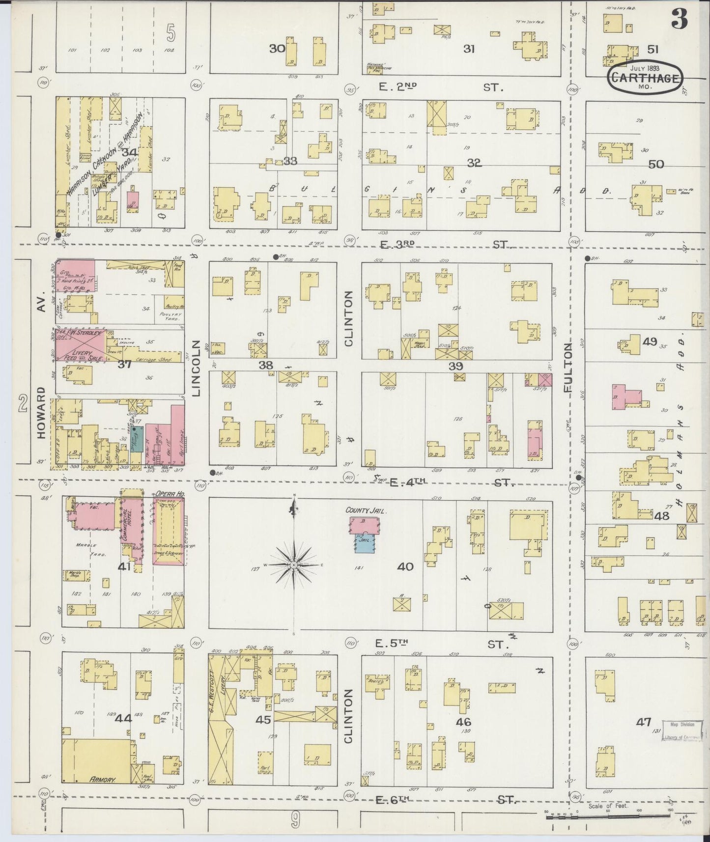 Sanborn Fire Insurance Map from Carthage, Jasper County, Missouri (1893), Sheet #0003 - Historic Sanborn Fire Insurance Map Print, vintage old map wall art, antique decor, genealogy gift, Missouri Missouri map