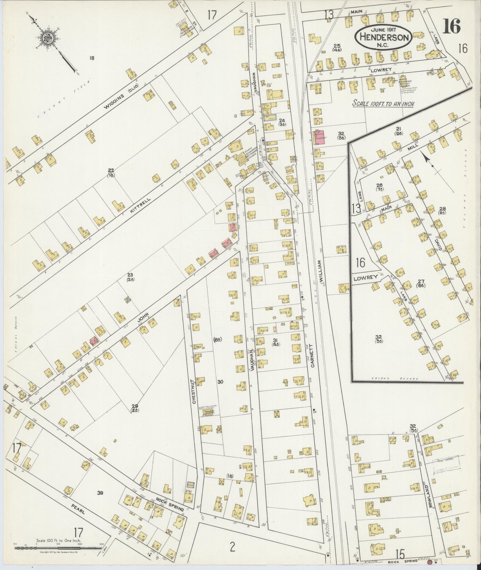 Sanborn Fire Insurance Map from Henderson, Vance County, North Carolina (1917), Sheet #0016 - Complete Map Set gallery image, historic Sanborn map, vintage wall art, North Carolina North Carolina