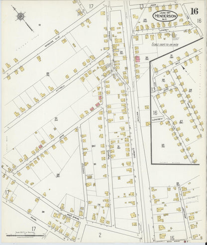 Sanborn Fire Insurance Map from Henderson, Vance County, North Carolina (1917), Sheet #0016 - Complete Map Set gallery image, historic Sanborn map, vintage wall art, North Carolina North Carolina