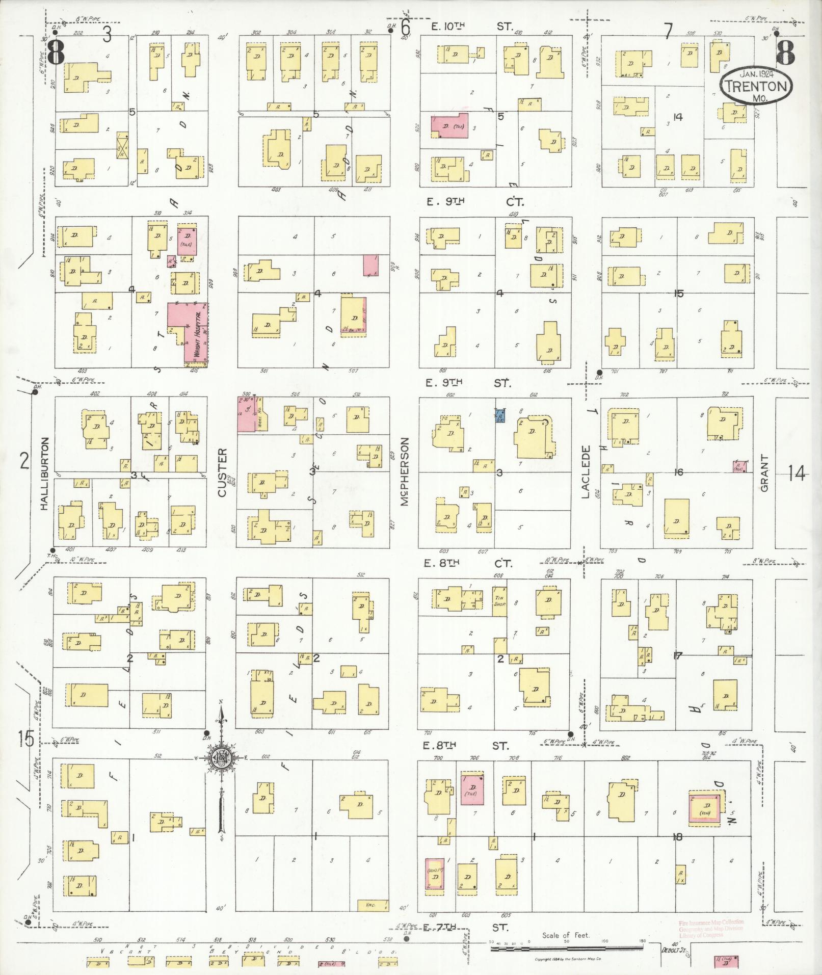 Sanborn Fire Insurance Map from Trenton, Grundy County, Missouri (1924), Sheet #0008 - Historic Sanborn Fire Insurance Map Print, vintage old map wall art, antique decor, genealogy gift, Missouri Missouri map