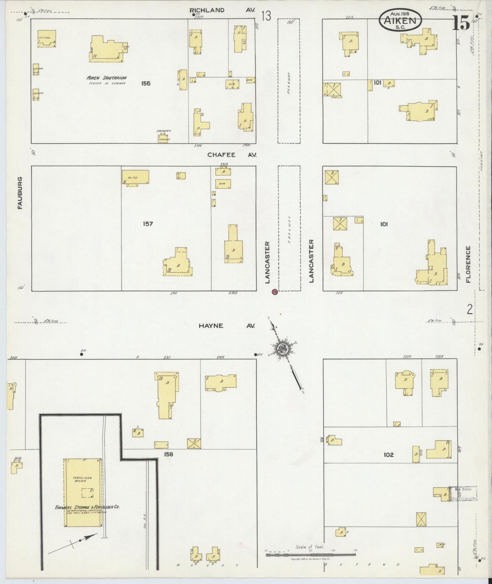 Sanborn Fire Insurance Map from Aiken, Aiken County, South Carolina (1918), Sheet #0015 - Complete Map Set gallery image, historic Sanborn map, vintage wall art, South Carolina South Carolina