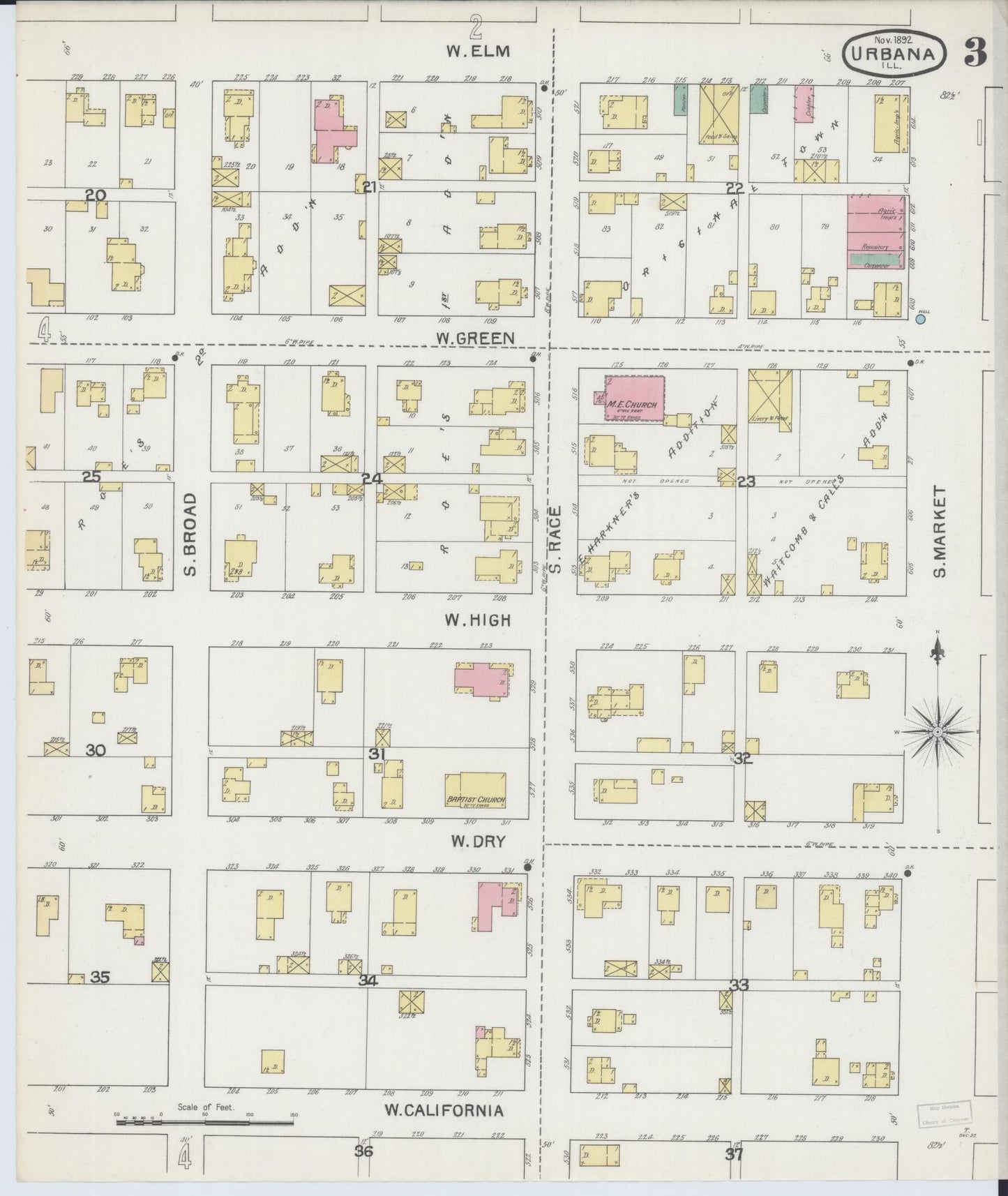 Sanborn Fire Insurance Map from Urbana, Champaign County, Illinois (1892), Sheet #0003 - Complete Map Set gallery image, historic Sanborn map, vintage wall art, Illinois Illinois