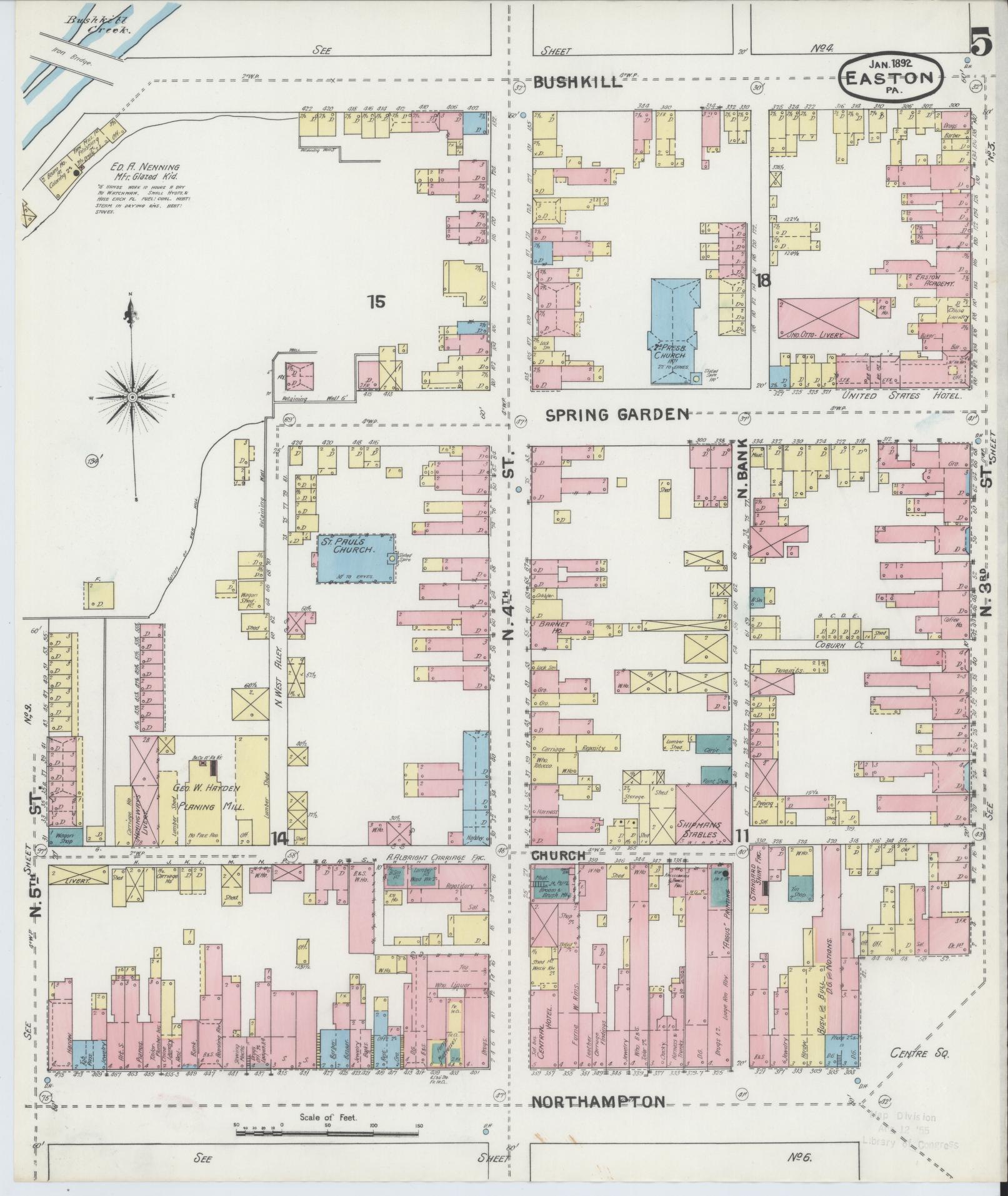 Sanborn Fire Insurance Map from Easton, Northampton County, Pennsylvania (1892), Sheet #0005 - Historic Sanborn Fire Insurance Map Print, vintage old map wall art, antique decor, genealogy gift, Pennsylvania Pennsylvania map