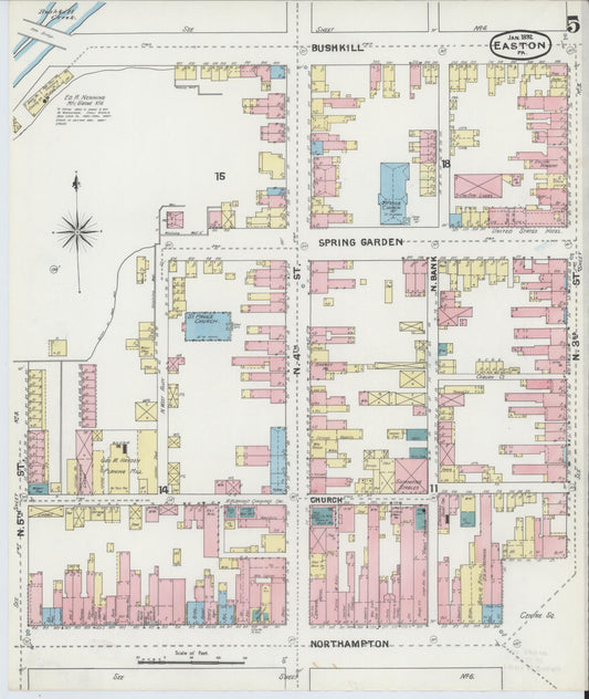 Sanborn Fire Insurance Map from Easton, Northampton County, Pennsylvania (1892), Sheet #0005 - Historic Sanborn Fire Insurance Map Print, vintage old map wall art, antique decor, genealogy gift, Pennsylvania Pennsylvania map