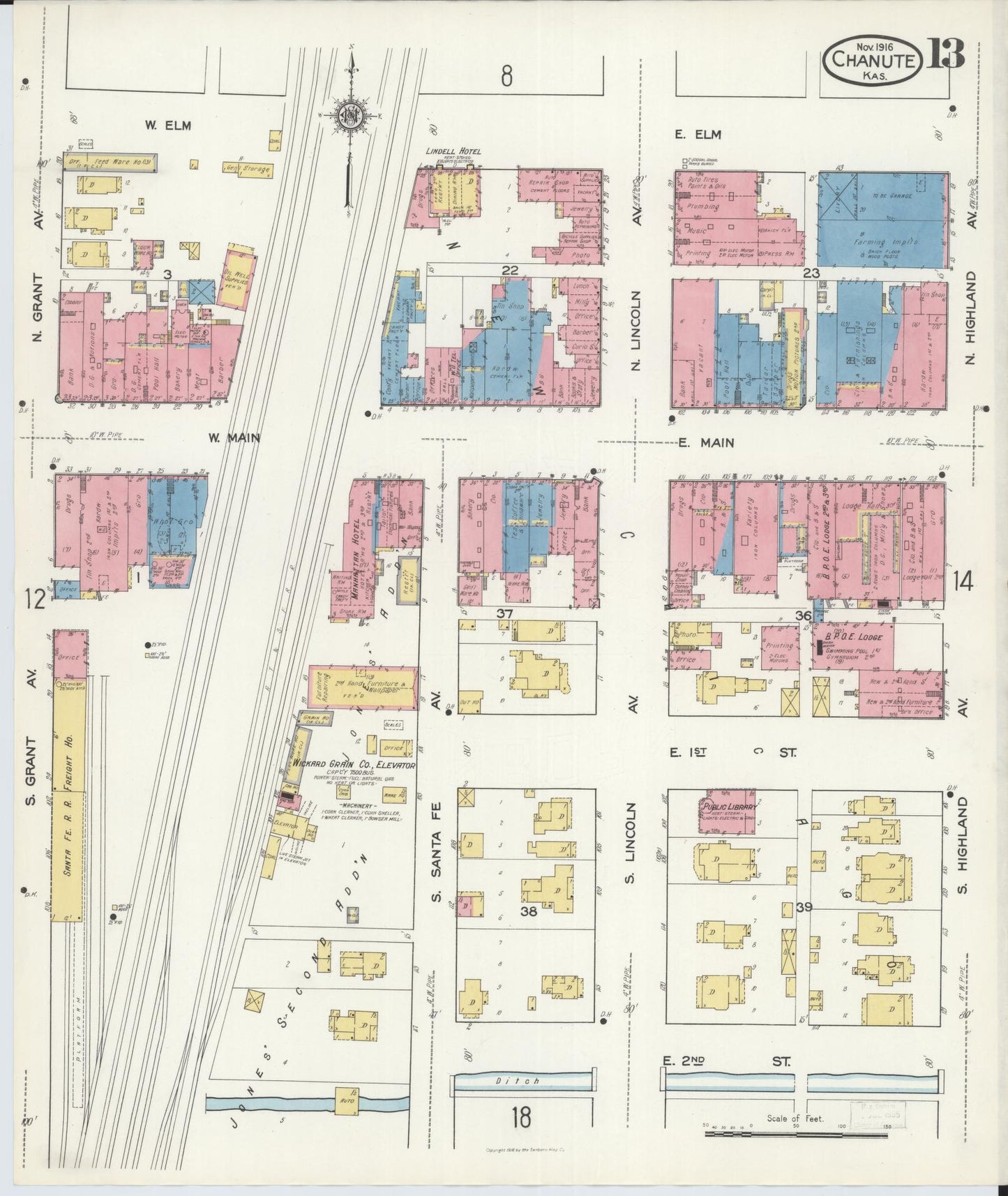 Sanborn Fire Insurance Map from Chanute, Neosho County, Kansas (1916), Sheet #0013 - Historic Sanborn Fire Insurance Map Print, vintage old map wall art, antique decor, genealogy gift, Kansas Kansas map