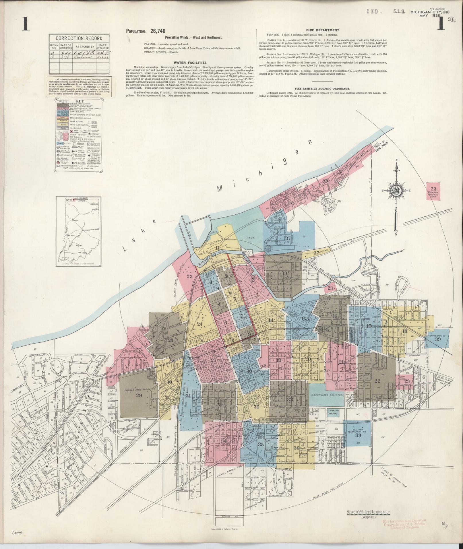 Sanborn Fire Insurance Map from Michigan City, La Porte County, Indiana (1948), Sheet #0001 - Historic Sanborn Fire Insurance Map Print, vintage old map wall art, antique decor, genealogy gift, Michigan Michigan map
