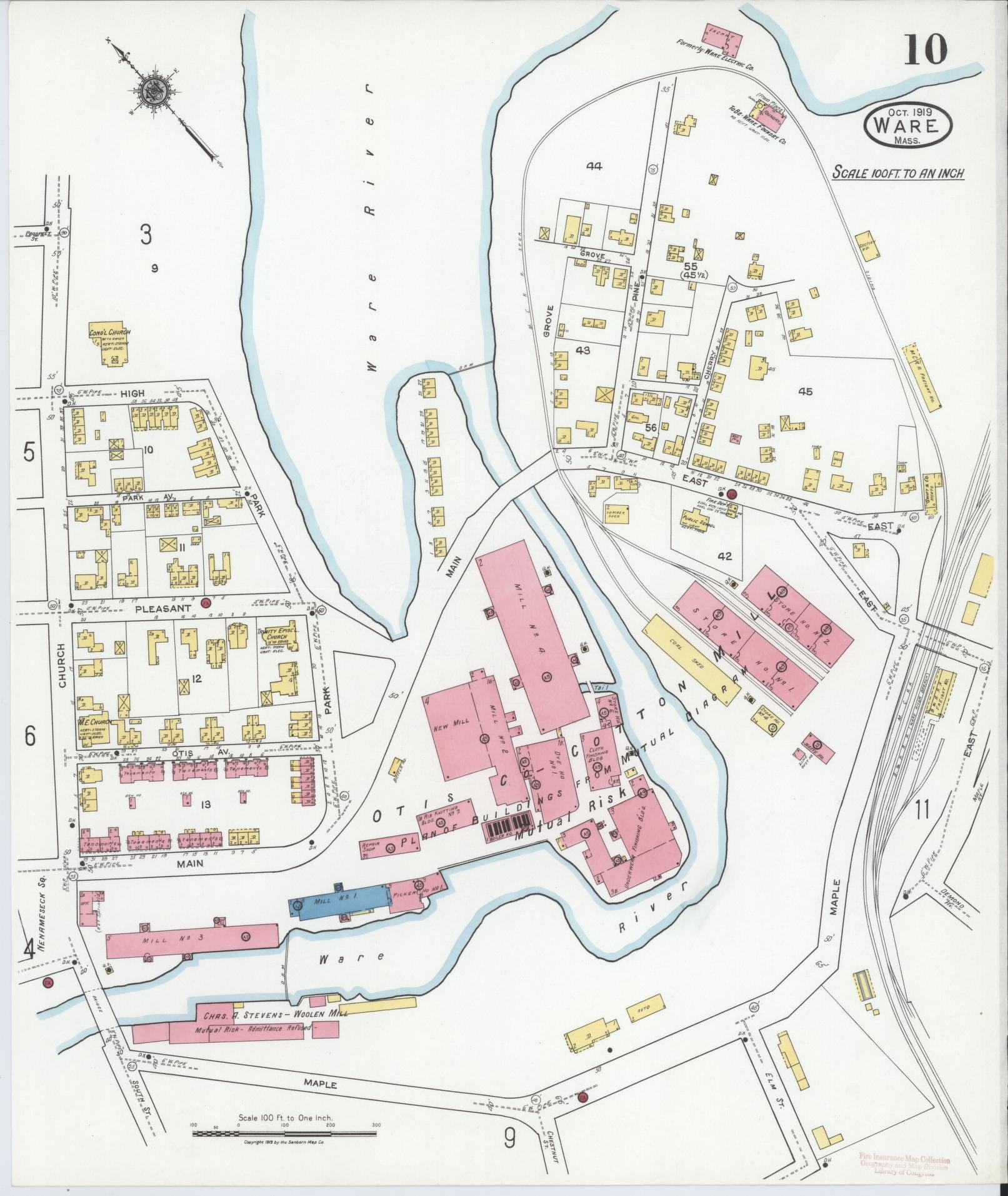 Sanborn Fire Insurance Map from Ware, Hampshire County, Massachusetts (1919), Sheet #0010 - Complete Map Set gallery image, historic Sanborn map, vintage wall art, Massachusetts Massachusetts