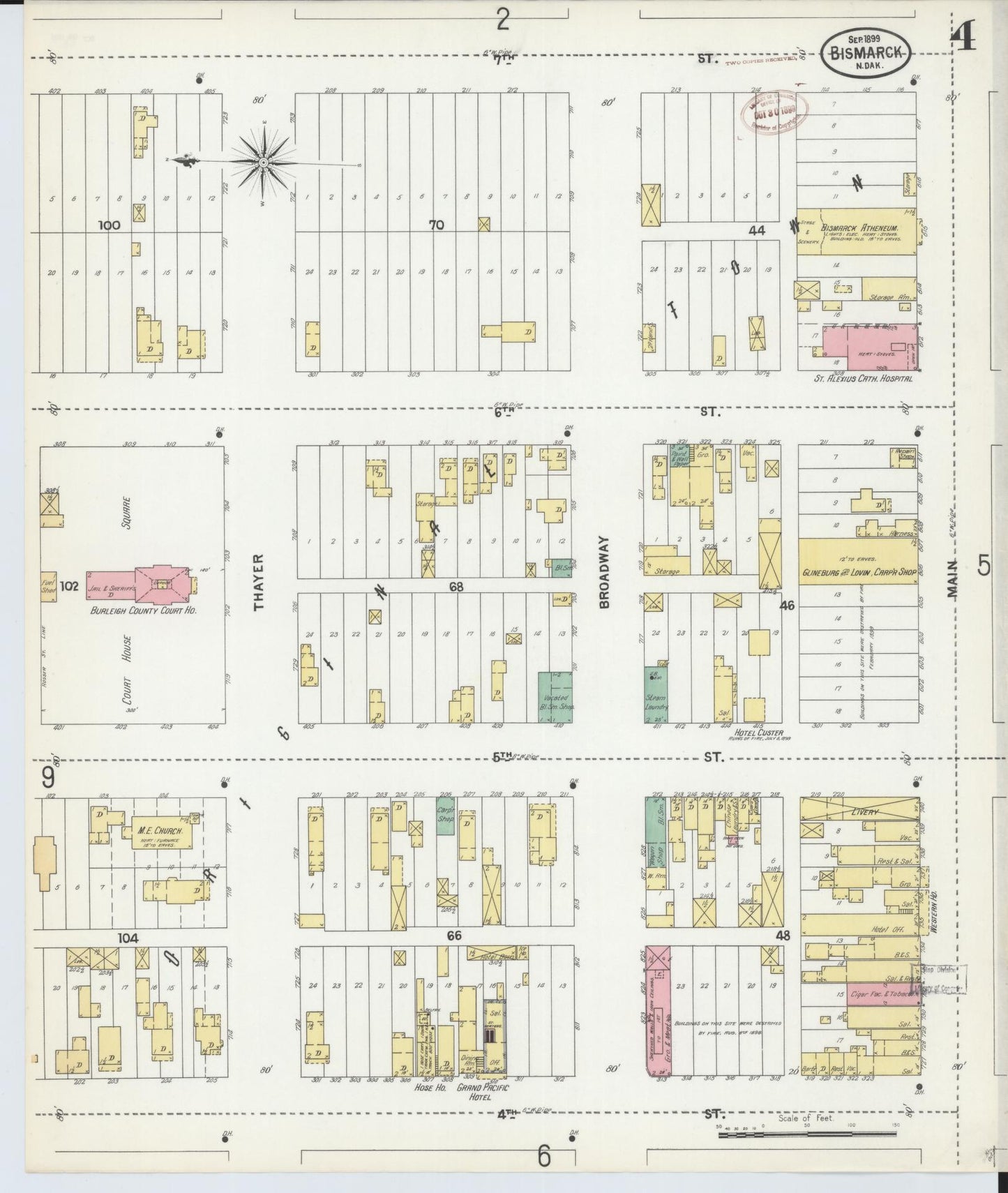 Sanborn Fire Insurance Map from Bismarck, Burleigh County, North Dakota (1899), Sheet #0004 - Historic Sanborn Fire Insurance Map Print, vintage old map wall art, antique decor, genealogy gift, North Dakota North Dakota map