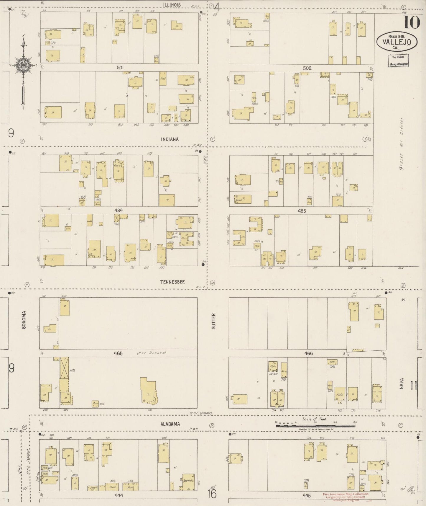 Sanborn Fire Insurance Map from Vallejo, Solano County, California (1919), Sheet #0010 - Complete Map Set gallery image, historic Sanborn map, vintage wall art, California California
