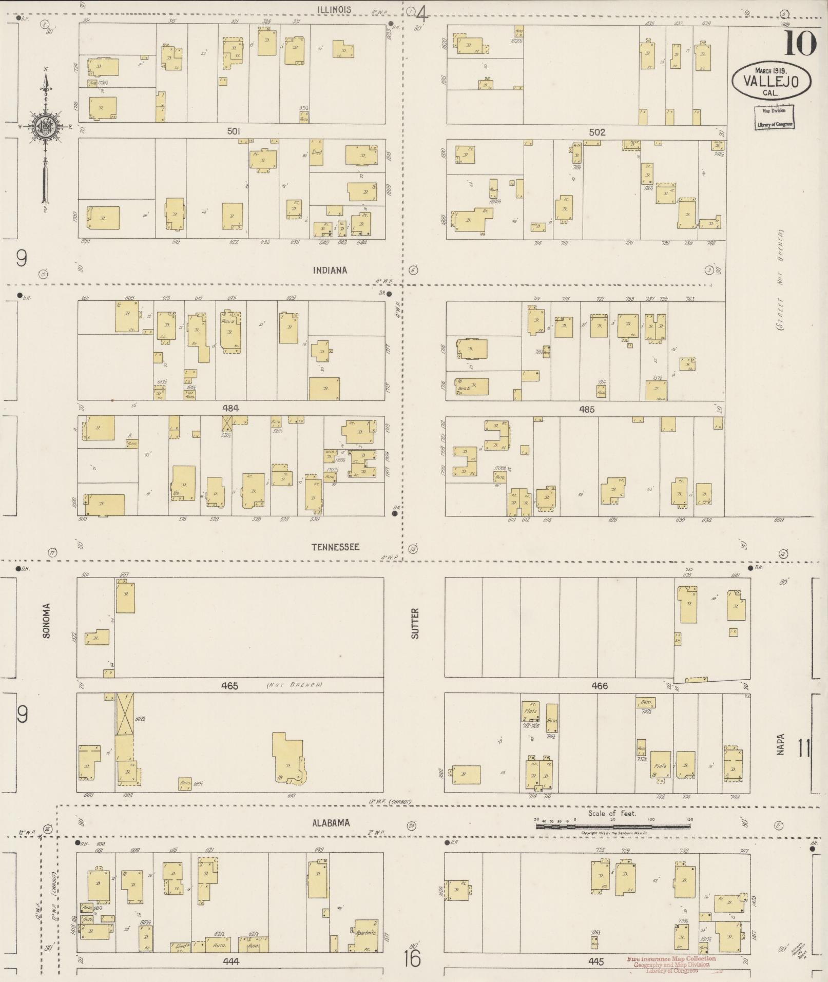 Sanborn Fire Insurance Map from Vallejo, Solano County, California (1919), Sheet #0010 - Complete Map Set gallery image, historic Sanborn map, vintage wall art, California California