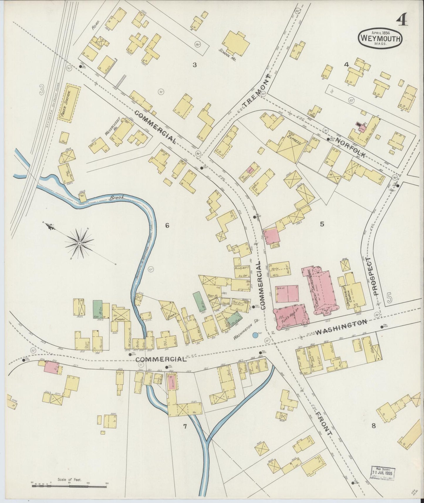 Sanborn Fire Insurance Map from Weymouth, Norfolk County, Massachusetts (1894), Sheet #0004 - Complete Map Set gallery image, historic Sanborn map, vintage wall art, Massachusetts Massachusetts