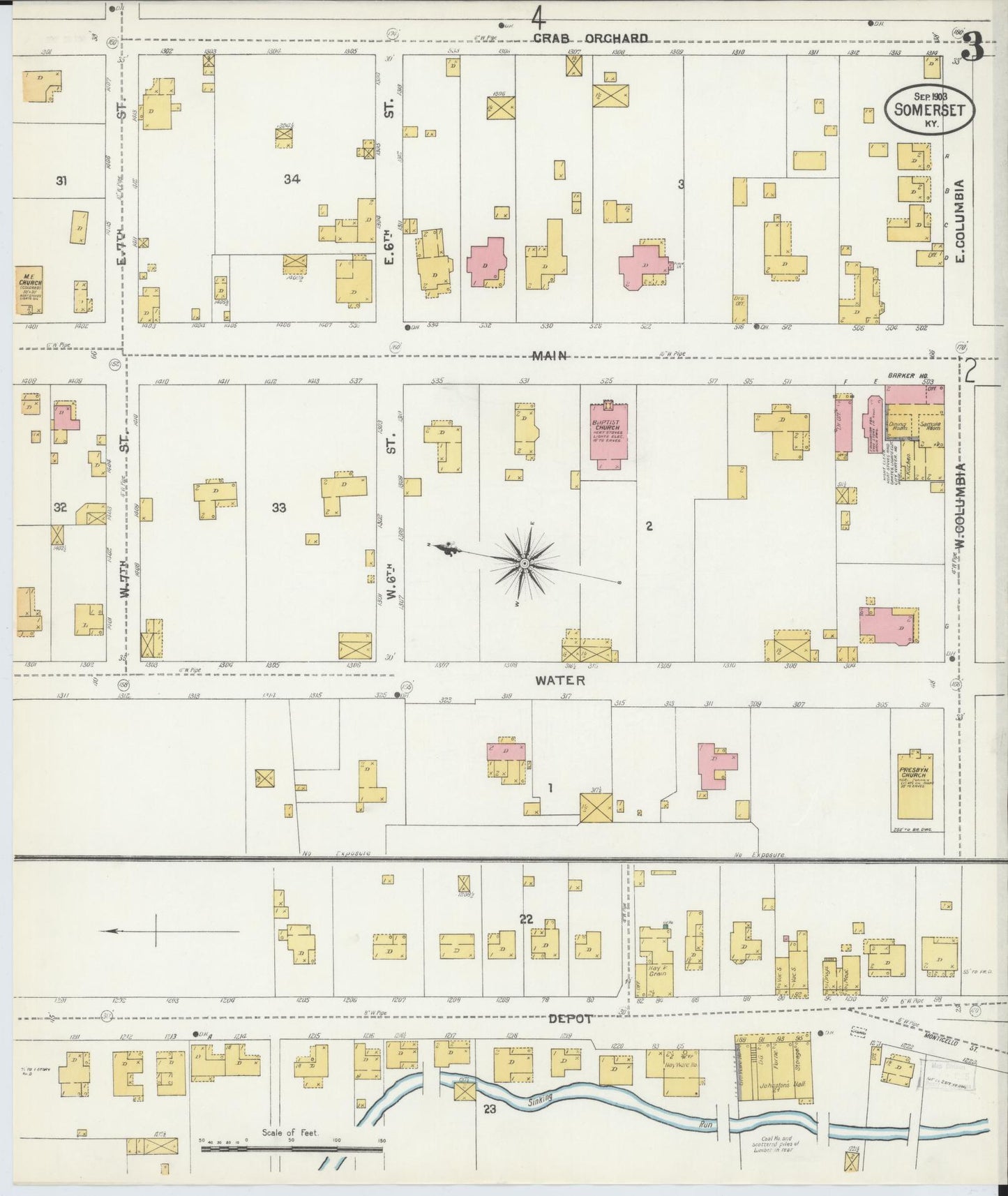 Sanborn Fire Insurance Map from Somerset, Pulaski County, Kentucky (1903), Sheet #0003 - Historic Sanborn Fire Insurance Map Print, vintage old map wall art, antique decor, genealogy gift, Kentucky Kentucky map