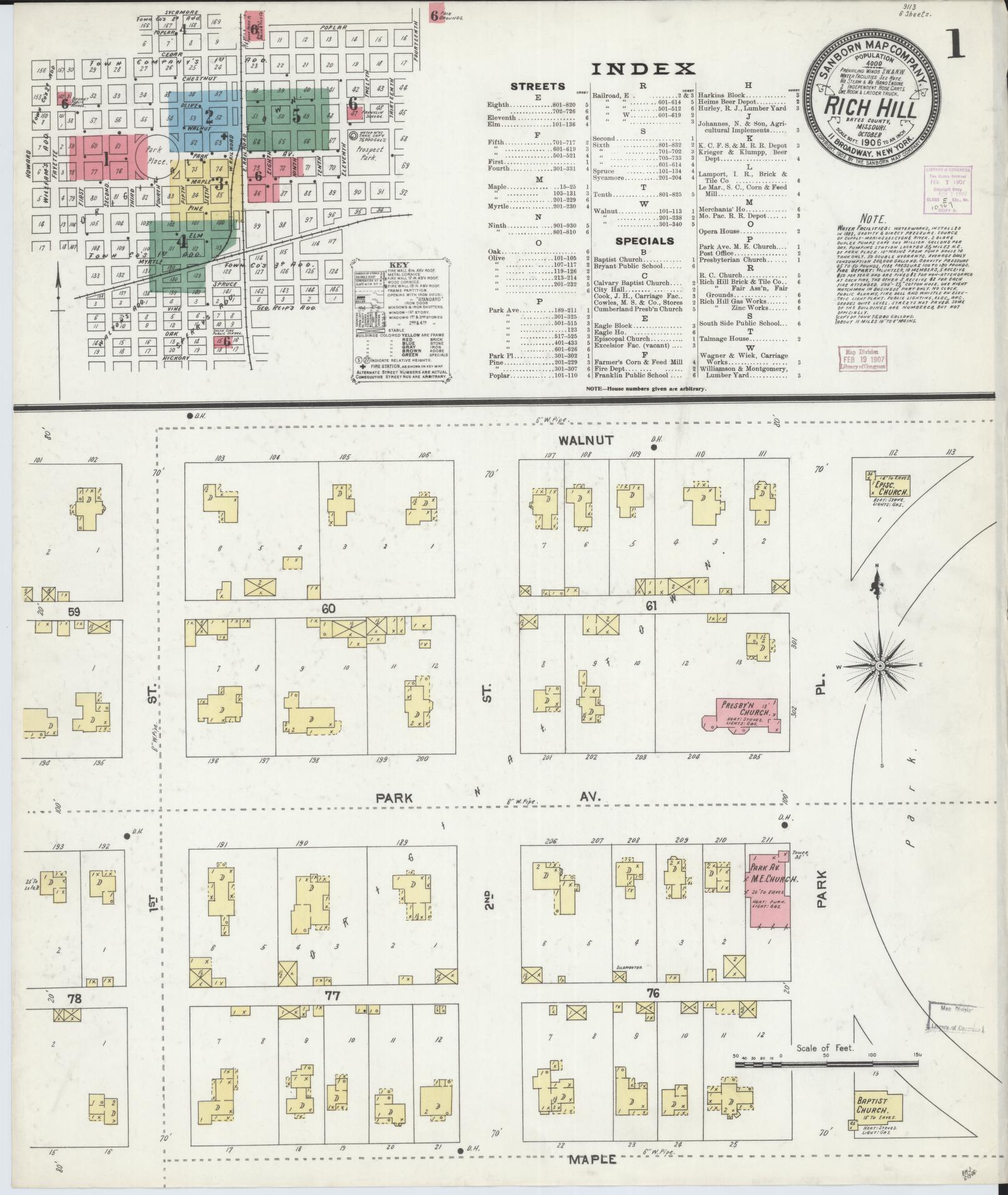 Sanborn Fire Insurance Map from Rich Hill, Bates County, Missouri (1906), Sheet #0001 - Historic Sanborn Fire Insurance Map Print, vintage old map wall art, antique decor, genealogy gift, Missouri Missouri map
