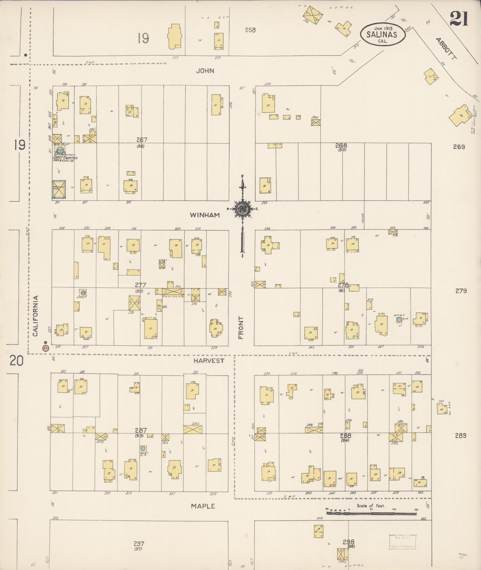 Sanborn Fire Insurance Map from Salinas, Monterey County, California (1913), Sheet #0021 - Complete Map Set gallery image, historic Sanborn map, vintage wall art, California California