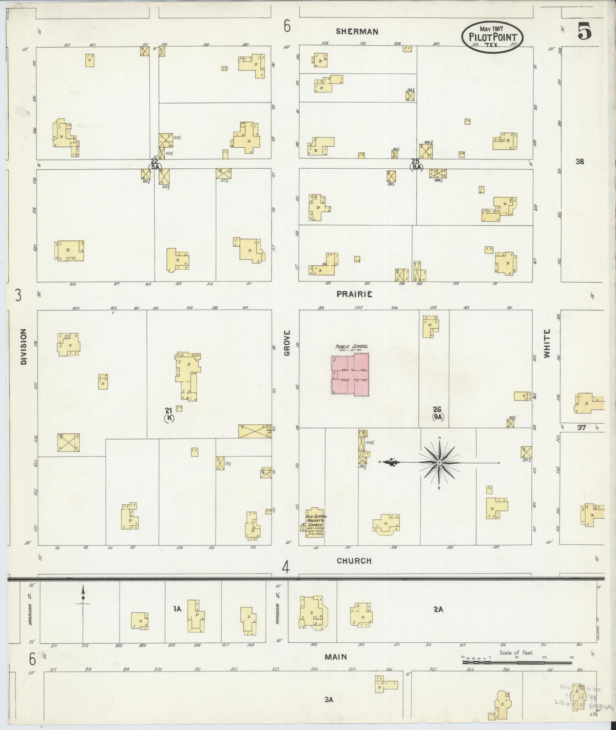 Sanborn Fire Insurance Map from Pilot Point, Denton County, Texas (1907), Sheet #0005 - Complete Map Set gallery image, historic Sanborn map, vintage wall art, Texas Texas