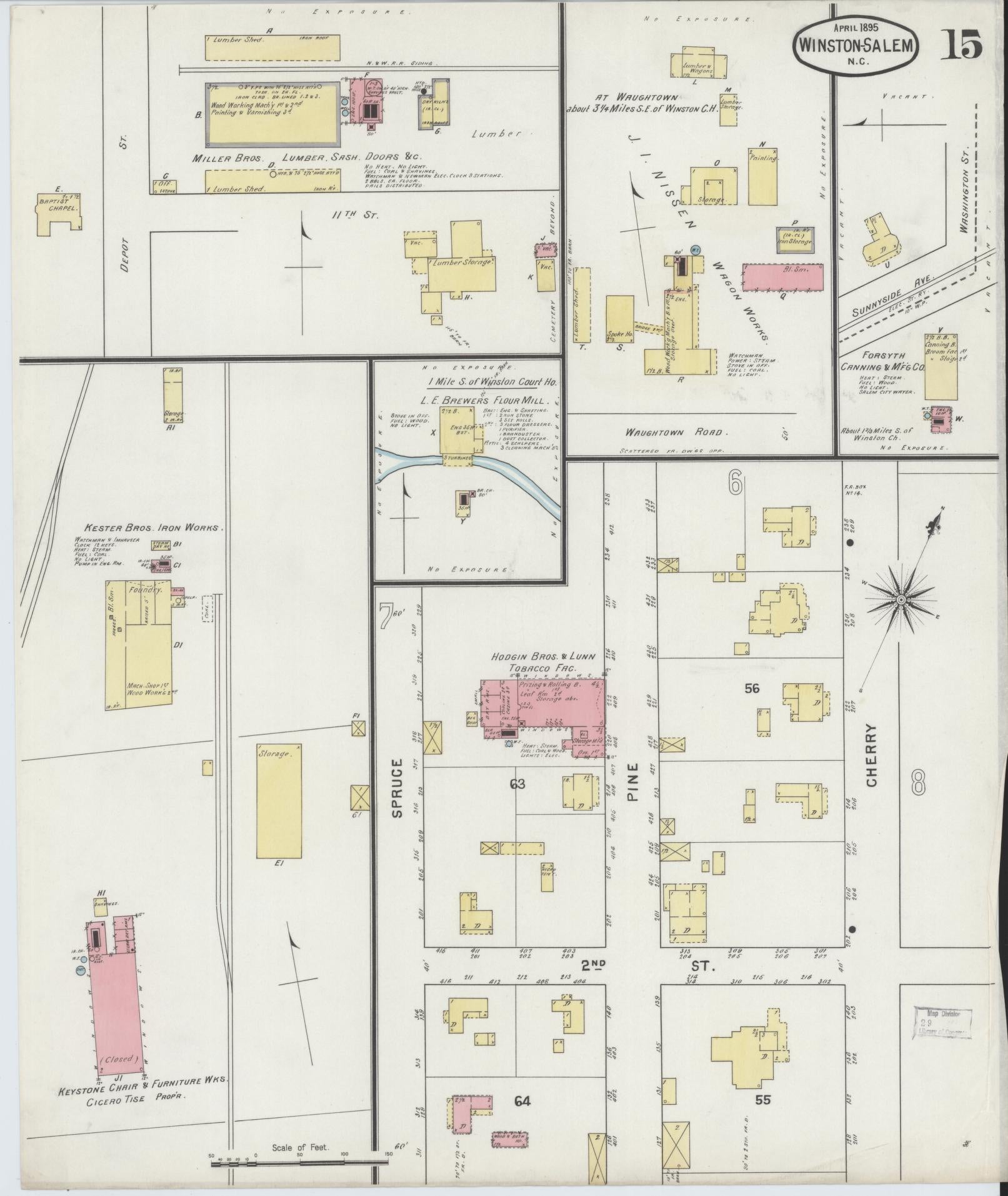 Sanborn Fire Insurance Map from Winston-Salem, Forsyth County, North Carolina (1895), Sheet #0015 - Historic Sanborn Fire Insurance Map Print, vintage old map wall art, antique decor, genealogy gift, North Carolina North Carolina map