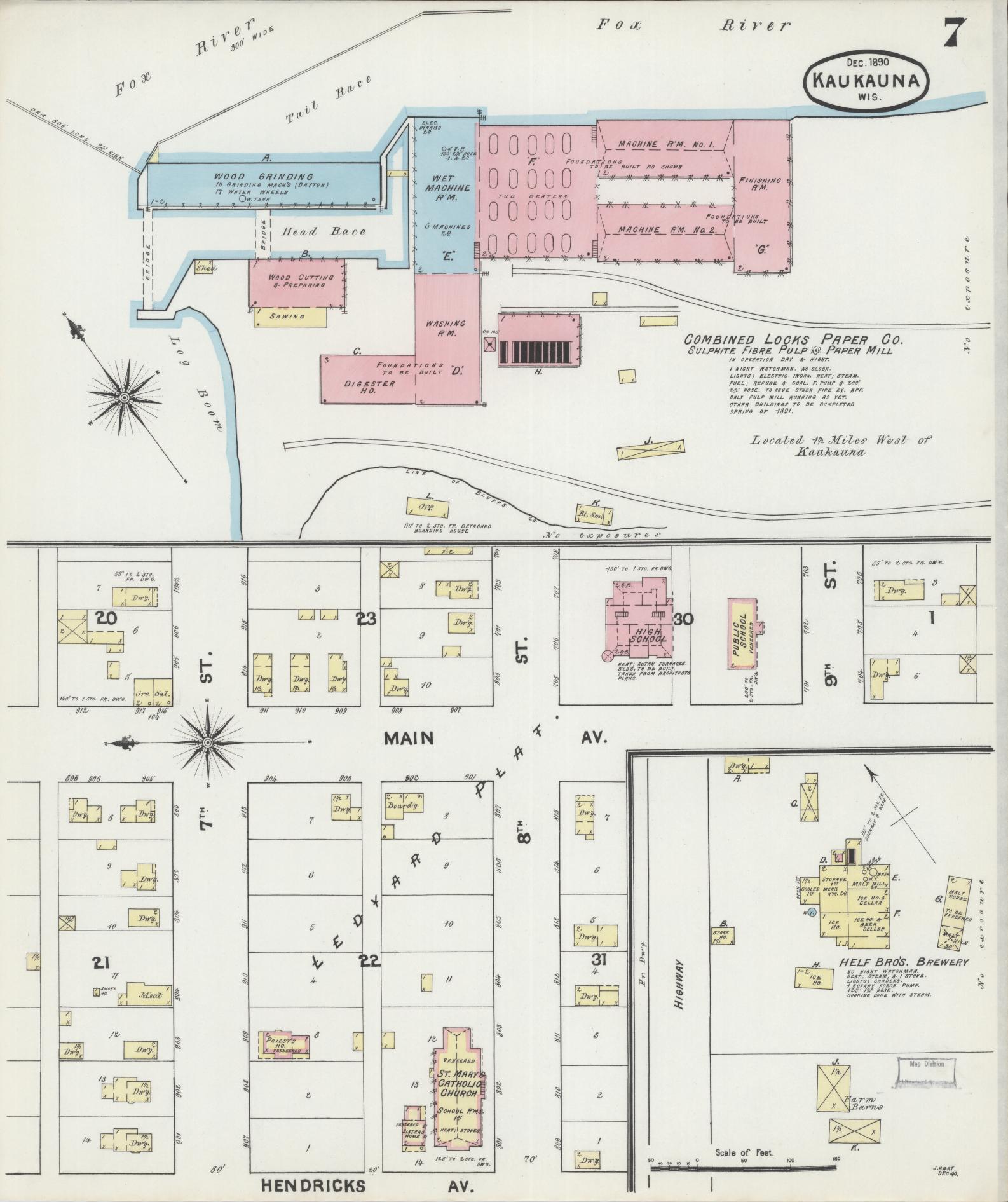 Sanborn Fire Insurance Map from Kaukauna, Outagamie County, Wisconsin (1890), Sheet #0007 - Historic Sanborn Fire Insurance Map Print, vintage old map wall art, antique decor, genealogy gift, Wisconsin Wisconsin map
