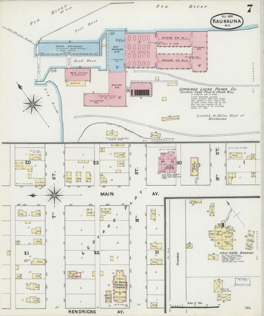 Sanborn Fire Insurance Map from Kaukauna, Outagamie County, Wisconsin (1890), Sheet #0007 - Historic Sanborn Fire Insurance Map Print, vintage old map wall art, antique decor, genealogy gift, Wisconsin Wisconsin map