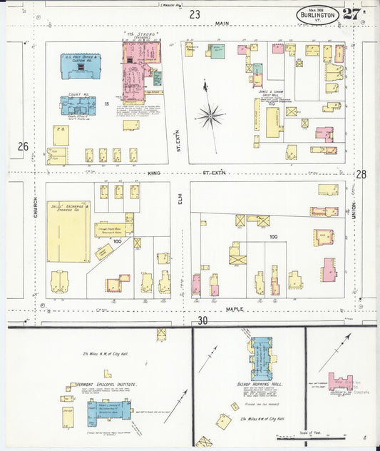 Sanborn Fire Insurance Map from Burlington, Chittenden County, Vermont (1906), Sheet #0027 - Historic Sanborn Fire Insurance Map Print, vintage old map wall art, antique decor, genealogy gift, Vermont Vermont map