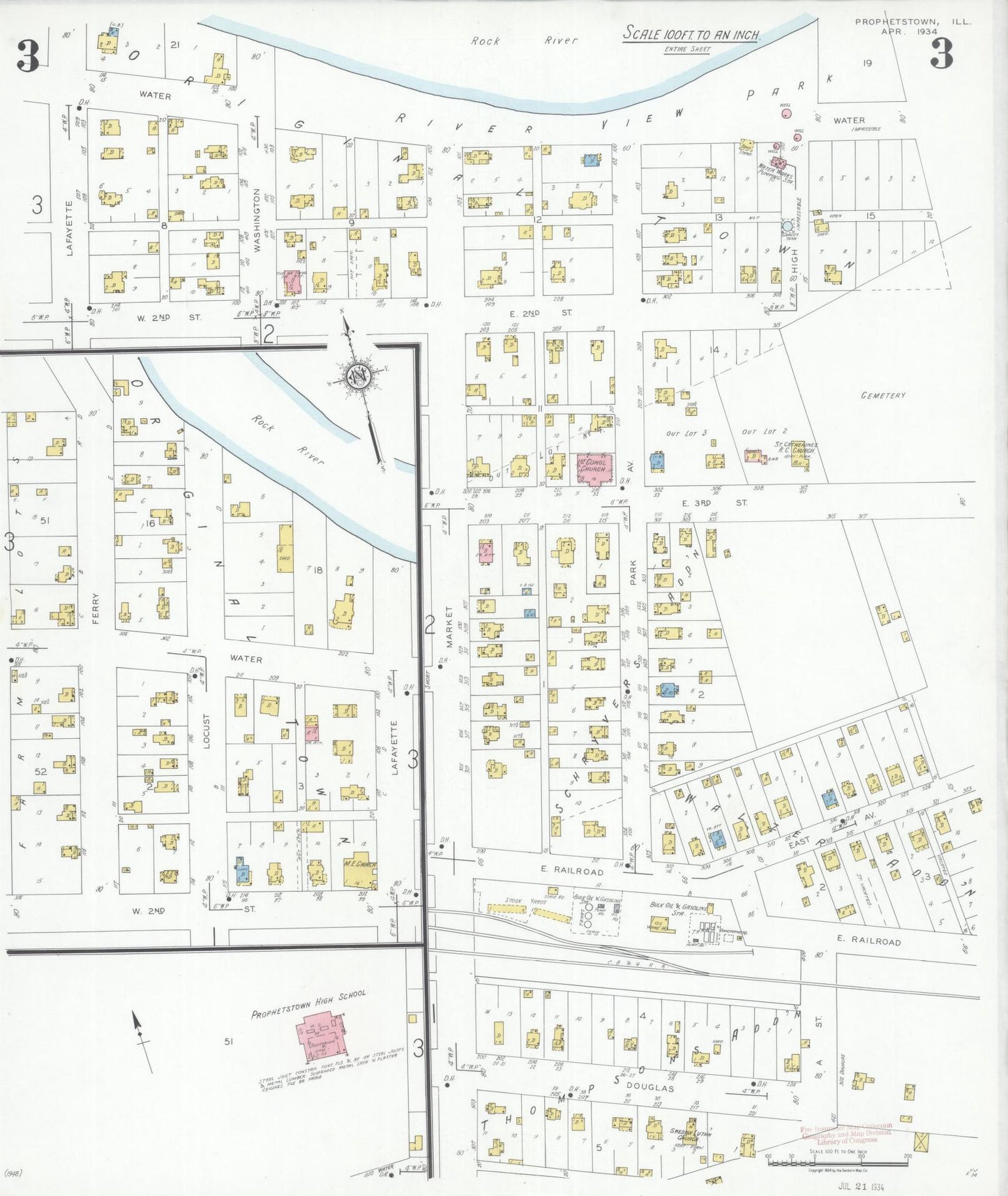 Sanborn Fire Insurance Map from Prophetstown, Whiteside County, Illinois (1934), Sheet #0003 - Complete Map Set gallery image, historic Sanborn map, vintage wall art, Illinois Illinois