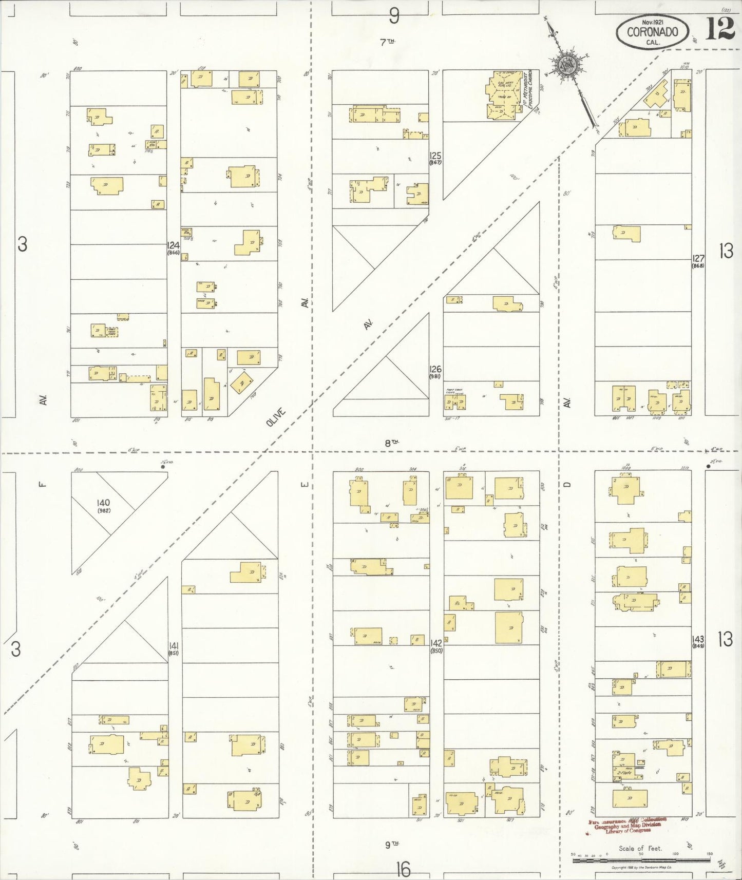 Sanborn Fire Insurance Map from Coronado, San Diego County, California (1921), Sheet #0012 - Complete Map Set gallery image, historic Sanborn map, vintage wall art, California California