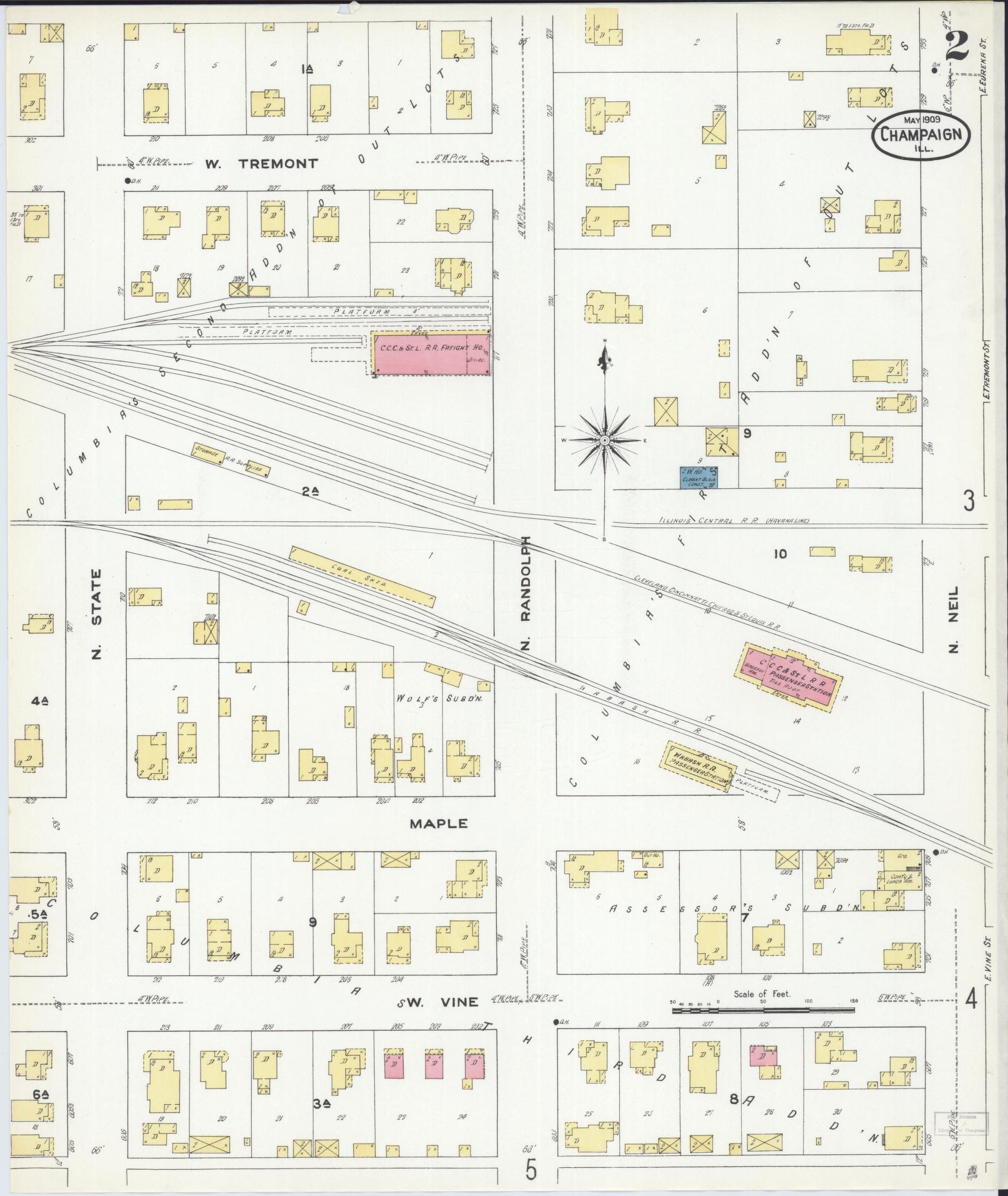 Sanborn Fire Insurance Map from Champaign, Champaign County, Illinois (1909), Sheet #0002 - Historic Sanborn Fire Insurance Map Print, vintage old map wall art, antique decor, genealogy gift, Illinois Illinois map