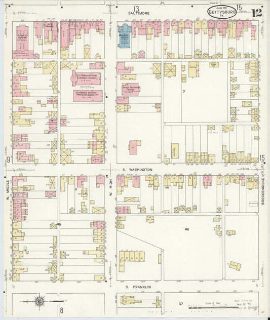 Sanborn Fire Insurance Map from Gettysburg, Adams County, Pennsylvania (1912), Sheet #0012 - Historic Sanborn Fire Insurance Map Print, vintage old map wall art, antique decor, genealogy gift, Pennsylvania Pennsylvania map