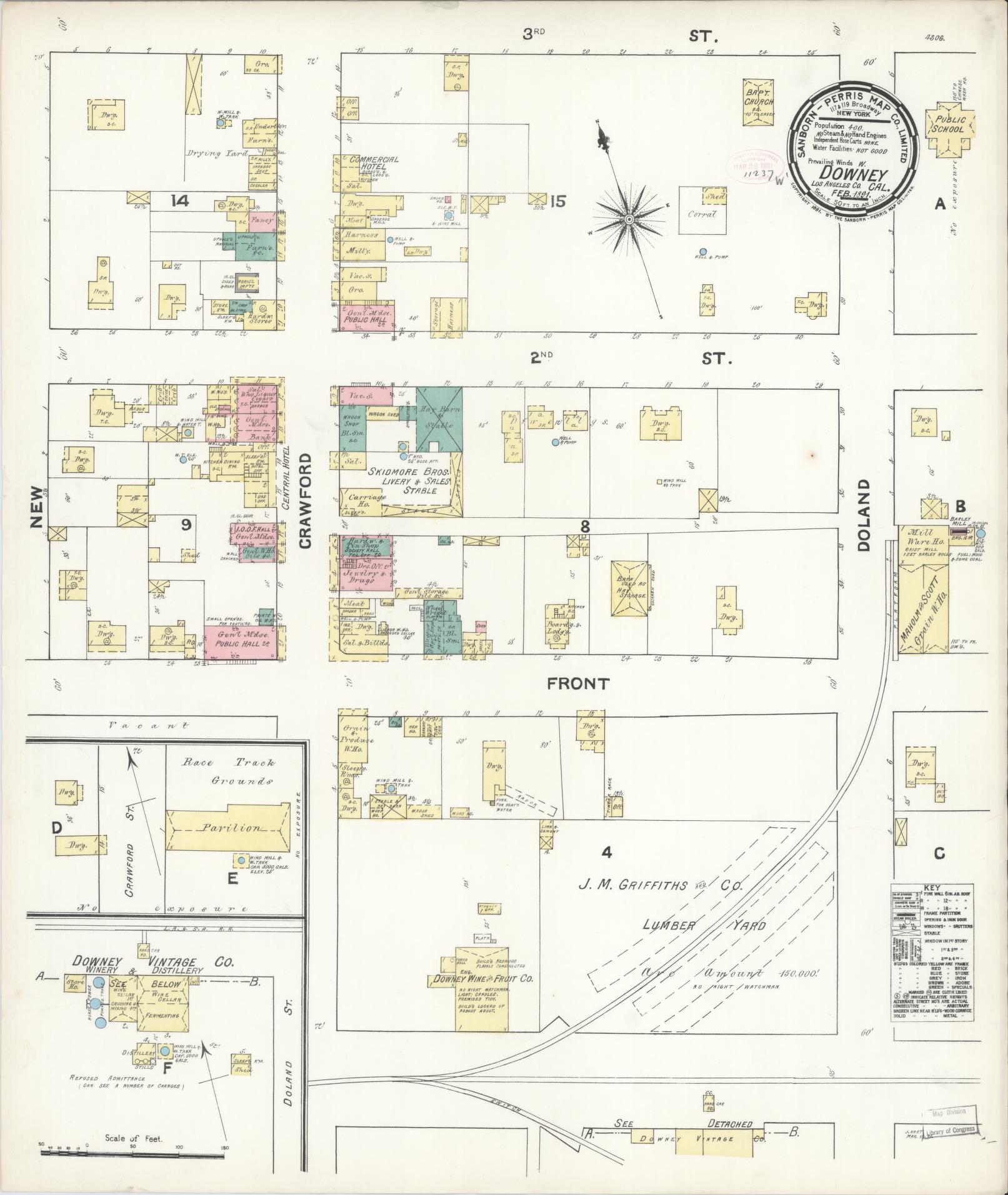 Sanborn Fire Insurance Map from Downey, Los Angeles County, California (1891), Sheet #0001 - Historic Sanborn Fire Insurance Map Print, vintage old map wall art, antique decor, genealogy gift, California California map