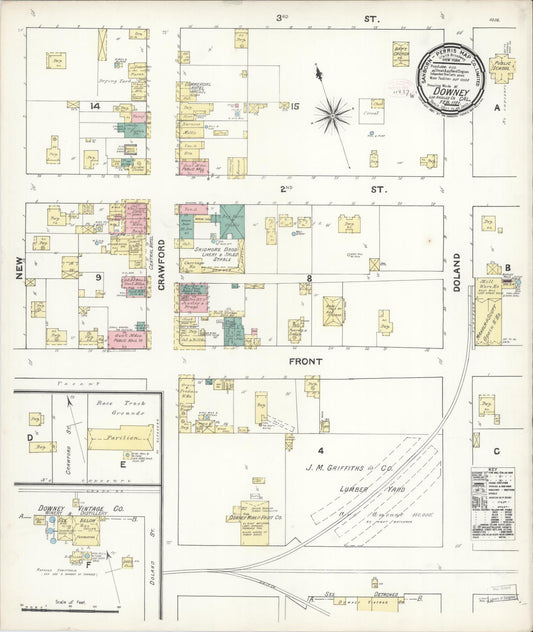 Sanborn Fire Insurance Map from Downey, Los Angeles County, California (1891), Sheet #0001 - Historic Sanborn Fire Insurance Map Print, vintage old map wall art, antique decor, genealogy gift, California California map