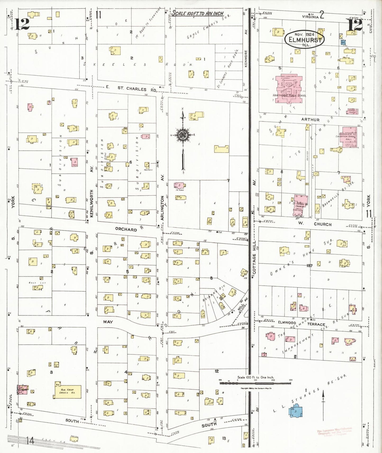 Sanborn Fire Insurance Map from Elmhurst, Du Page County, Illinois (1924), Sheet #0012 - Complete Map Set gallery image, historic Sanborn map, vintage wall art, Illinois Illinois