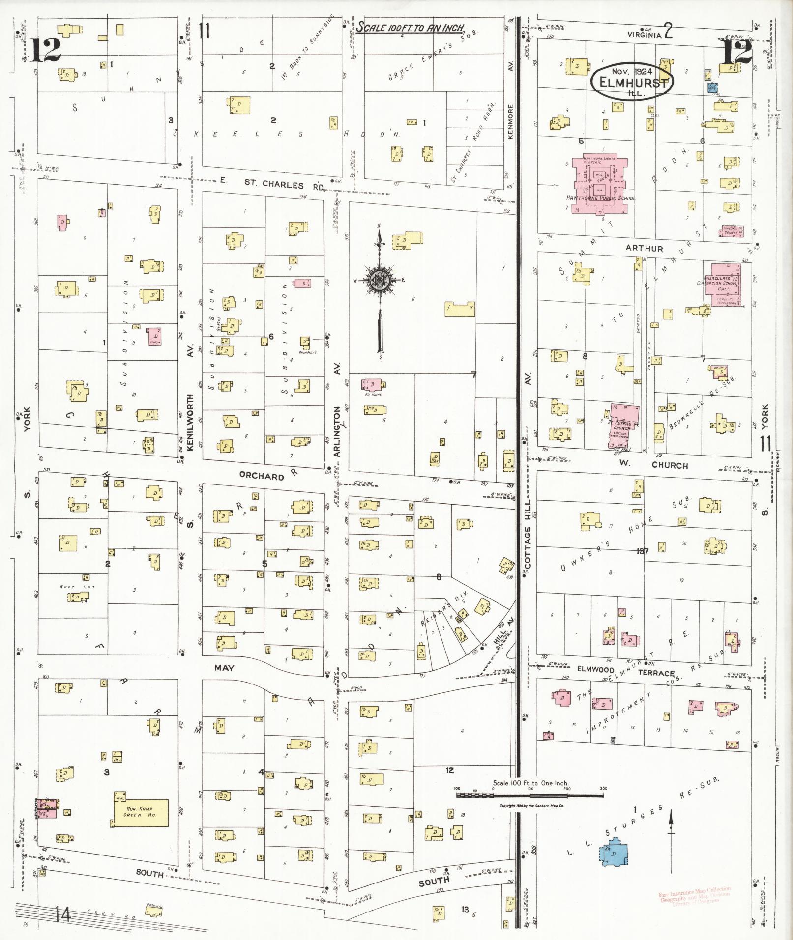 Sanborn Fire Insurance Map from Elmhurst, Du Page County, Illinois (1924), Sheet #0012 - Complete Map Set gallery image, historic Sanborn map, vintage wall art, Illinois Illinois