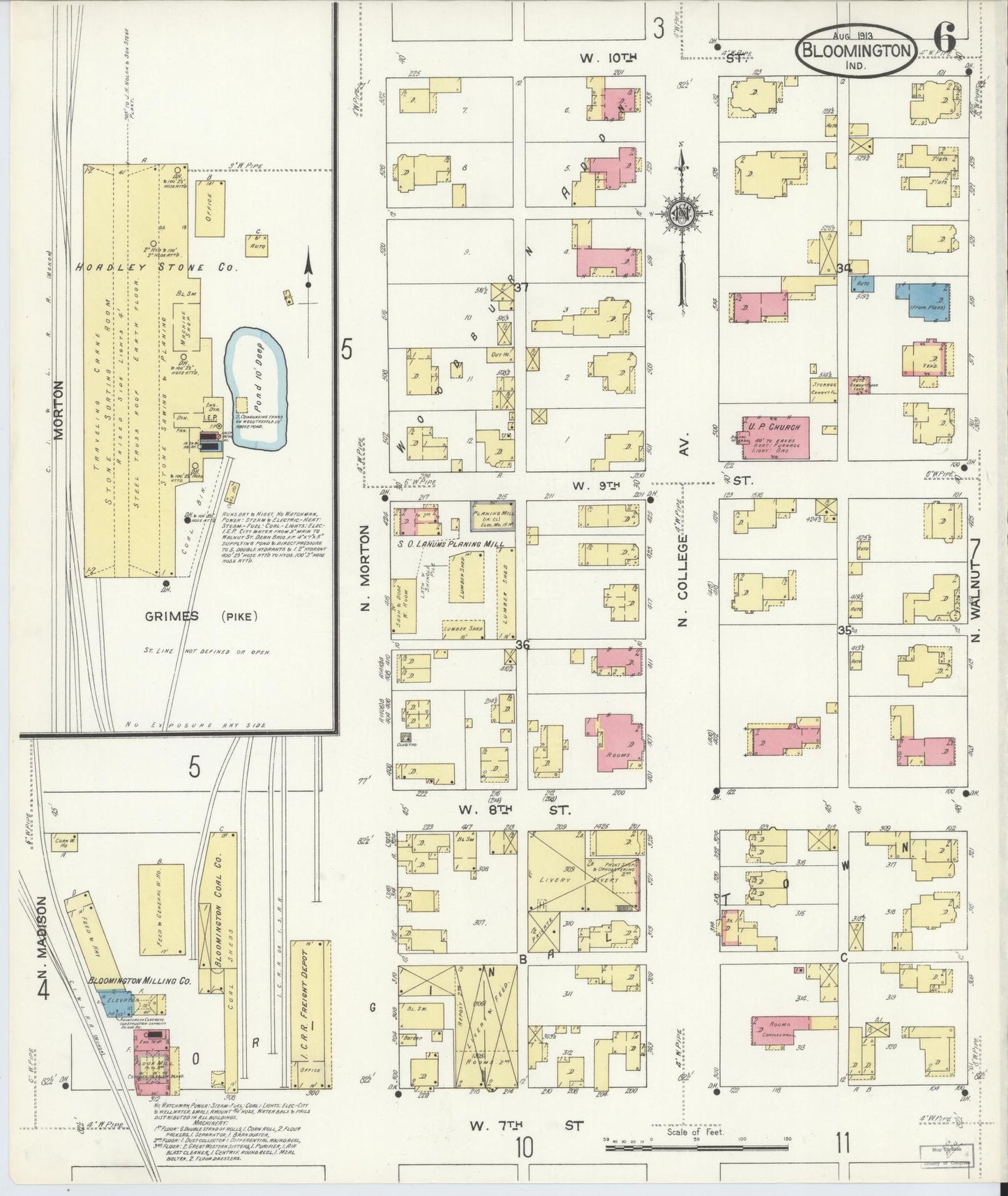 Sanborn Fire Insurance Map from Bloomington, Monroe County, Indiana (1913), Sheet #0006 - Historic Sanborn Fire Insurance Map Print, vintage old map wall art, antique decor, genealogy gift, Indiana Indiana map