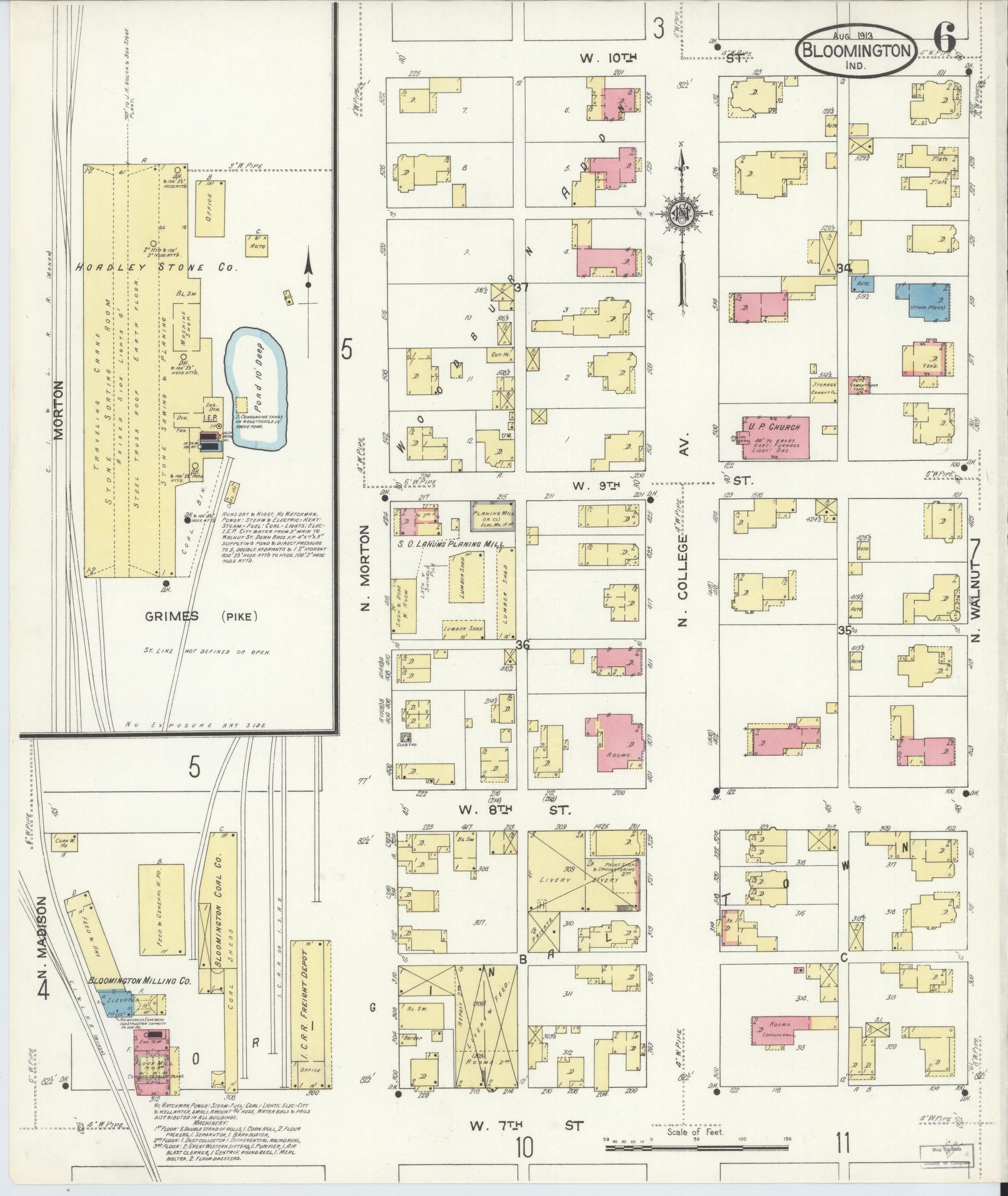 Sanborn Fire Insurance Map from Bloomington, Monroe County, Indiana (1913), Sheet #0006 - Historic Sanborn Fire Insurance Map Print, vintage old map wall art, antique decor, genealogy gift, Indiana Indiana map