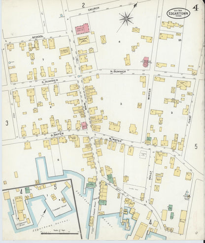 Sanborn Fire Insurance Map from Edgartown, Dukes County, Massachusetts (1904), Sheet #0004 - Historic Sanborn Fire Insurance Map Print, vintage old map wall art, antique decor, genealogy gift, Massachusetts Massachusetts map