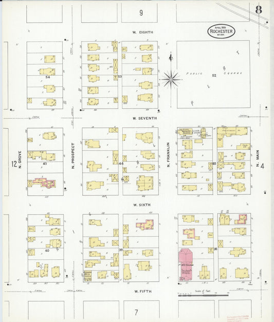 Sanborn Fire Insurance Map from Rochester, Olmsted County, Minnesota (1909), Sheet #0008 - Historic Sanborn Fire Insurance Map Print, vintage old map wall art, antique decor, genealogy gift, Minnesota Minnesota map