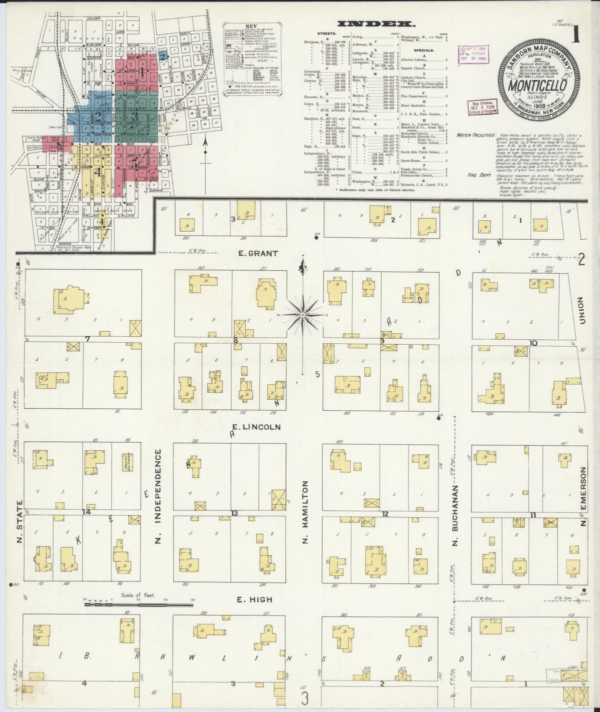 Sanborn Fire Insurance Map from Monticello, Piatt County, Illinois (1909), Sheet #0001 - Historic Sanborn Fire Insurance Map Print, vintage old map wall art, antique decor, genealogy gift, Illinois Illinois map