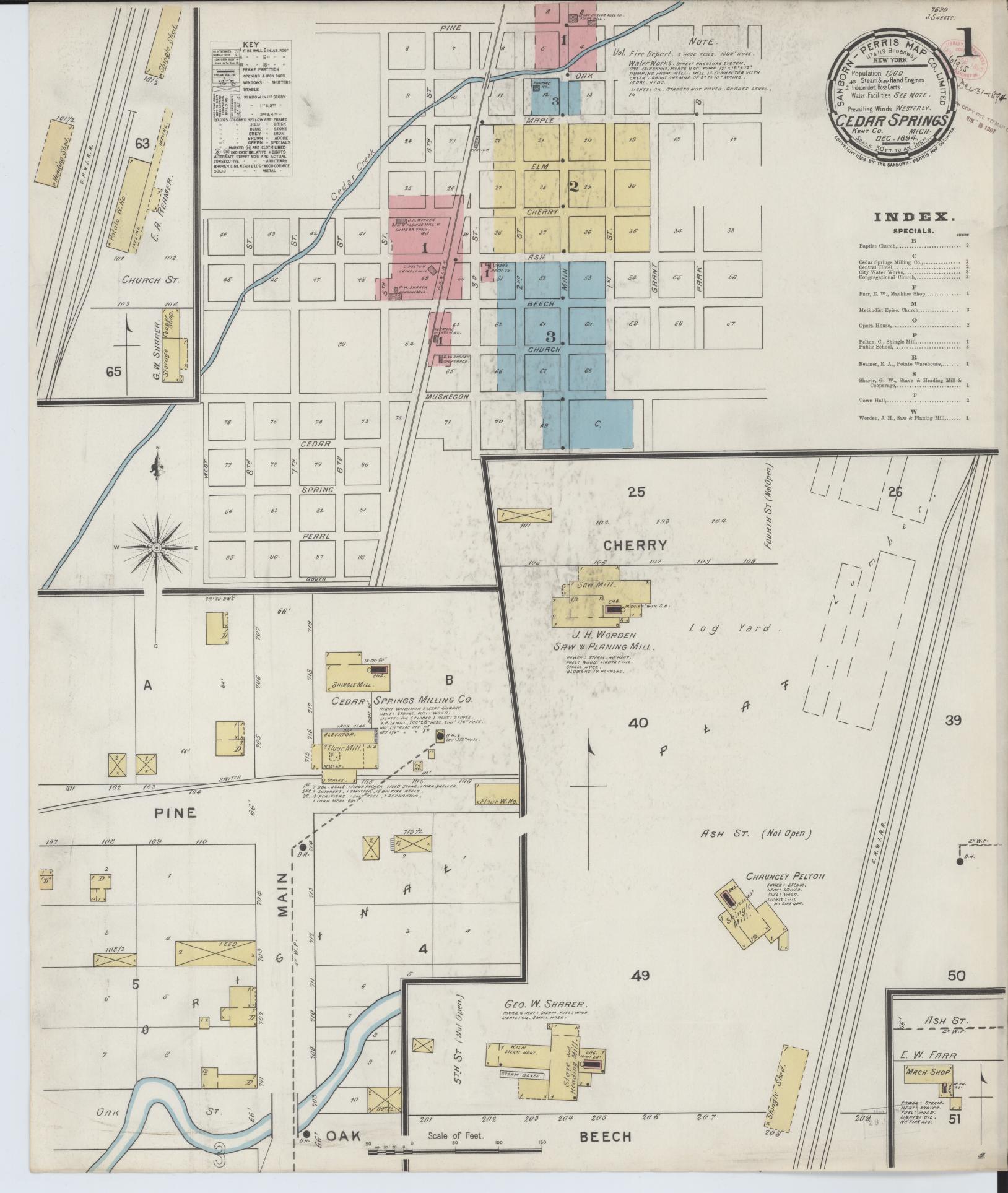 Sanborn Fire Insurance Map from Cedar Springs, Kent County, Michigan (1894), Sheet #0001 - Historic Sanborn Fire Insurance Map Print, vintage old map wall art, antique decor, genealogy gift, Michigan Michigan map