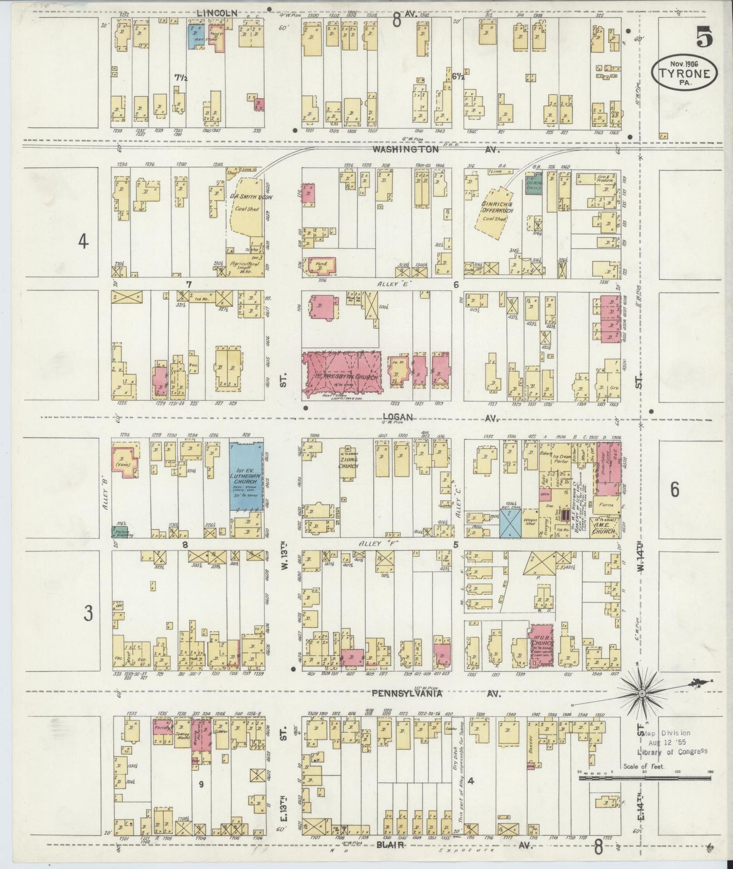 Sanborn Fire Insurance Map from Tyrone, Blair County, Pennsylvania (1906), Sheet #0005 - Complete Map Set gallery image, historic Sanborn map, vintage wall art, Pennsylvania Pennsylvania