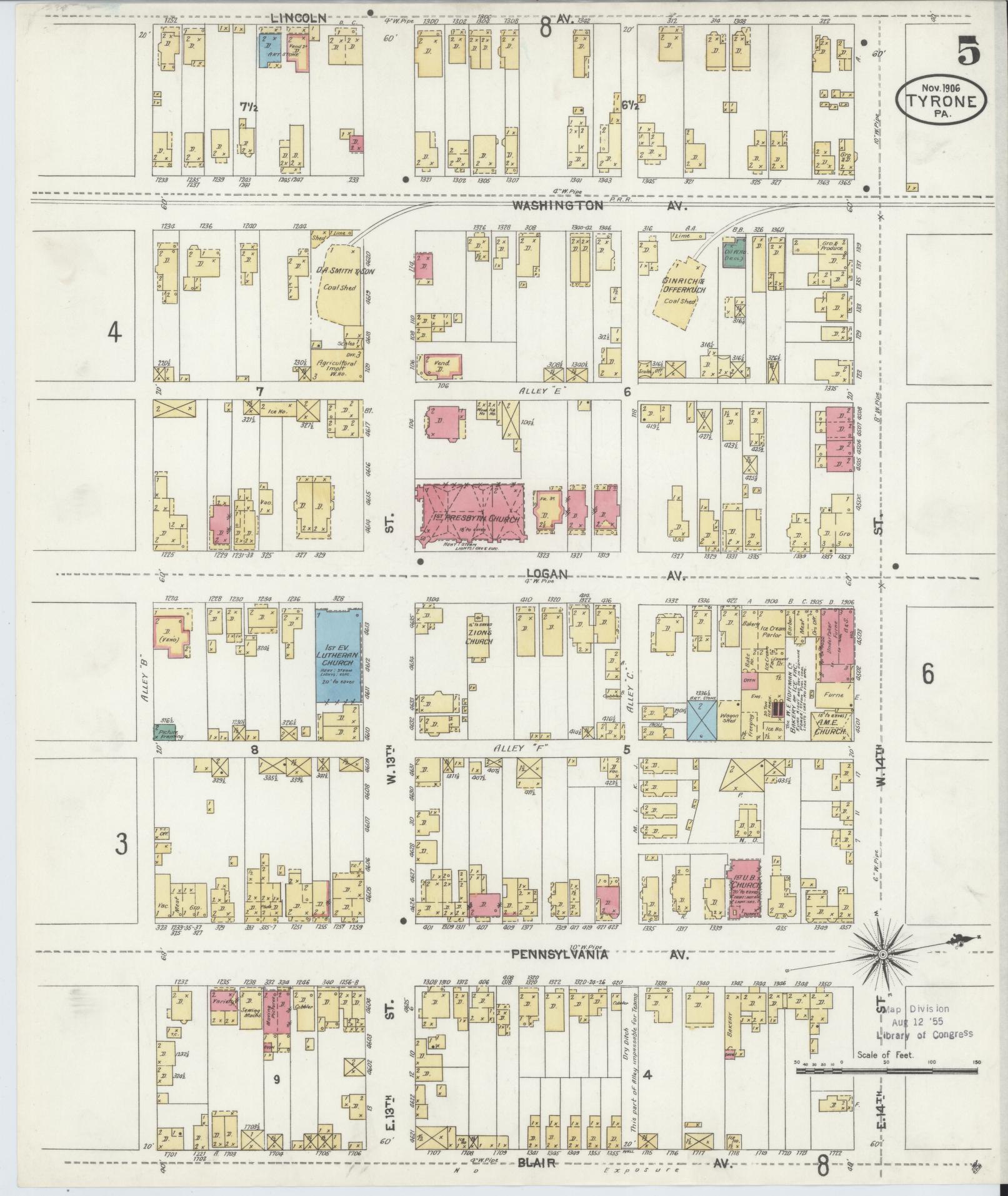 Sanborn Fire Insurance Map from Tyrone, Blair County, Pennsylvania (1906), Sheet #0005 - Complete Map Set gallery image, historic Sanborn map, vintage wall art, Pennsylvania Pennsylvania
