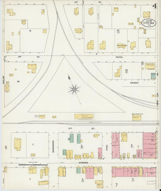 Sanborn Fire Insurance Map from Live Oak, Suwanee County, Florida (1903), Sheet #0004 - Historic Sanborn Fire Insurance Map Print, vintage old map wall art, antique decor, genealogy gift, Florida Florida map