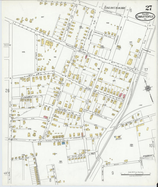 Sanborn Fire Insurance Map from Charlottesville, Independent Cities, Virginia (1920), Sheet #0027 - Historic Sanborn Fire Insurance Map Print, vintage old map wall art, antique decor, genealogy gift, Virginia Virginia map