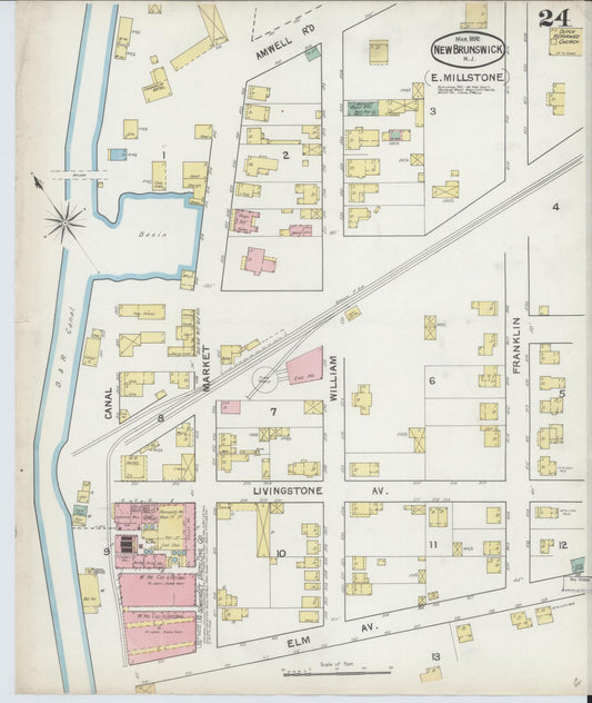 Sanborn Fire Insurance Map from New Brunswick, Middlesex County, New Jersey (1892), Sheet #0024 - Historic Sanborn Fire Insurance Map Print, vintage old map wall art, antique decor, genealogy gift, New Jersey New Jersey map