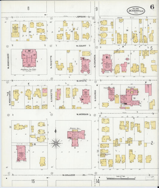 Sanborn Fire Insurance Map from Jacksonville, Morgan County, Illinois (1905), Sheet #0006 - Historic Sanborn Fire Insurance Map Print, vintage old map wall art, antique decor, genealogy gift, Illinois Illinois map