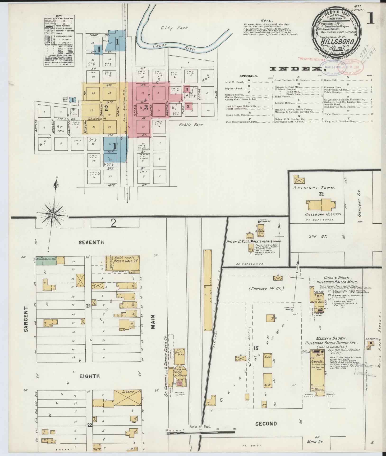 Sanborn Fire Insurance Map from Hillsboro, Traill County, North Dakota (1897), Sheet #0001 - Complete Map Set gallery image, historic Sanborn map, vintage wall art, North Dakota North Dakota