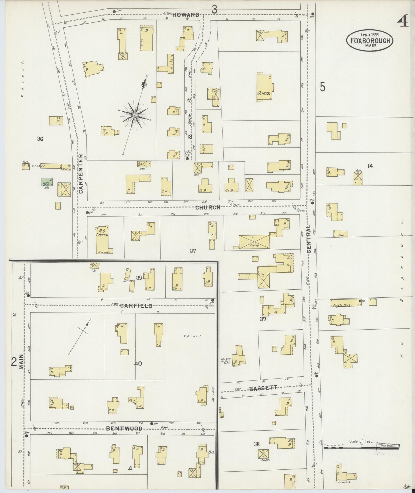 Sanborn Fire Insurance Map from Foxboro, Norfolk County, Massachusetts (1898), Sheet #0004 - Historic Sanborn Fire Insurance Map Print, vintage old map wall art, antique decor, genealogy gift, Massachusetts Massachusetts map