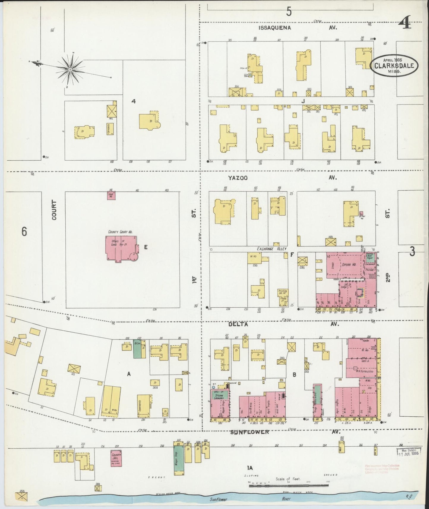 Sanborn Fire Insurance Map from Clarksdale, Coahoma County, Mississippi (1905), Sheet #0004 - Complete Map Set gallery image, historic Sanborn map, vintage wall art, Mississippi Mississippi