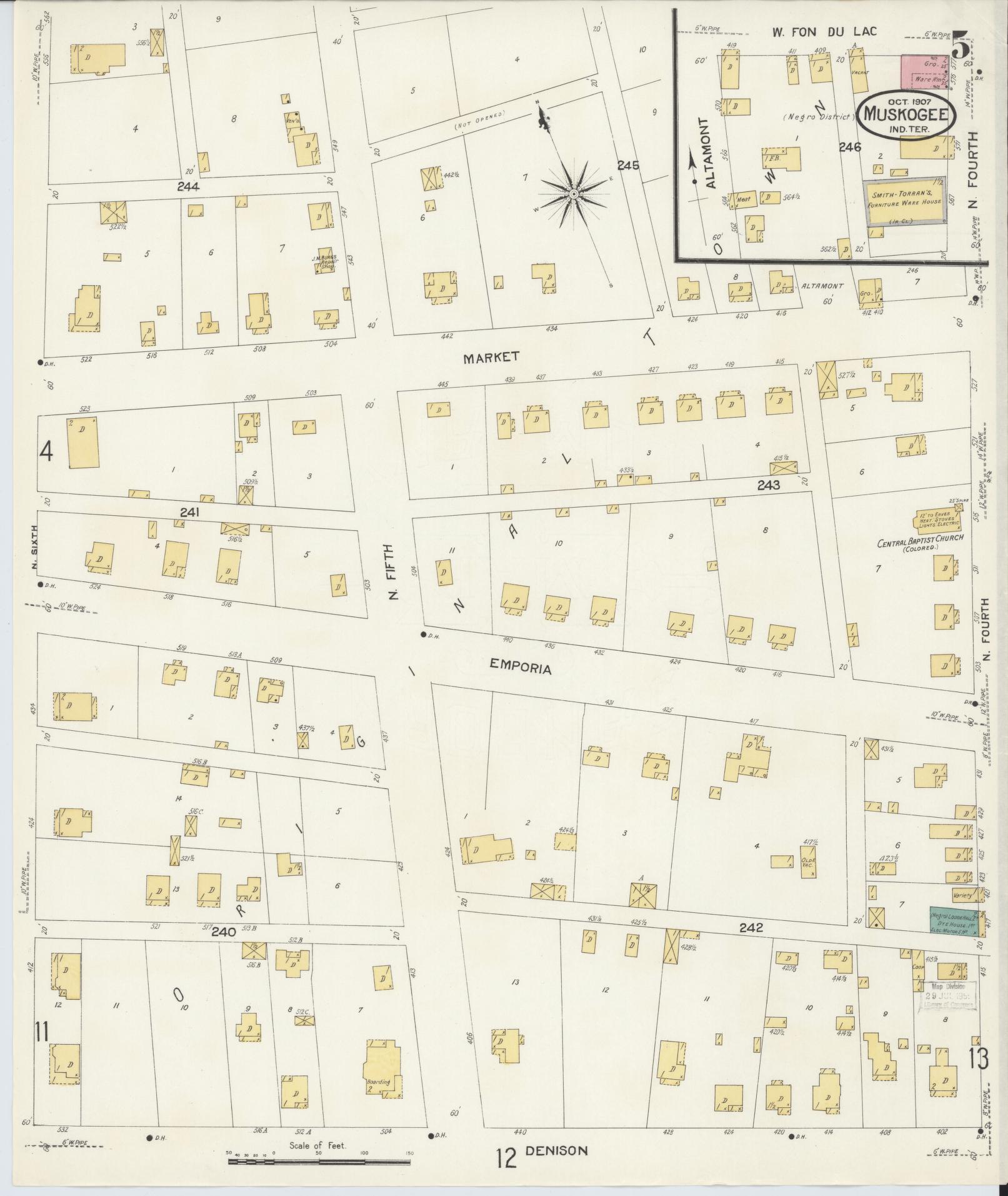 Sanborn Fire Insurance Map from Muskogee, Muskogee County, Oklahoma (1907), Sheet #0005 - Historic Sanborn Fire Insurance Map Print, vintage old map wall art, antique decor, genealogy gift, Oklahoma Oklahoma map